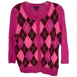Talbots Women Sweater Long Sleeve Pink Argyle Gold Button Down Merino Wool M - Picture 1 of 9