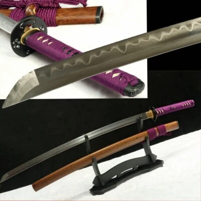 Damascus folded steel clay tempered japanese sword katana rose wood saya iron  - Image 1 of 4