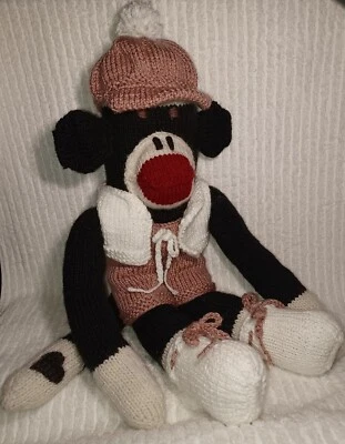 Sock Monkey Plush Doll Toy Knit Crochet Handmade Stuffed Animal 20" Hat Clothes - Image 1 of 4