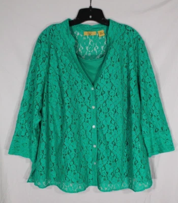 CAMISA/CAMISETA SIN MANGAS VALERIE STEVENS 2-Fer FLORAL ENCAJE Verde Manga 3/4 Abotonada 2X Foto 1 de 4
