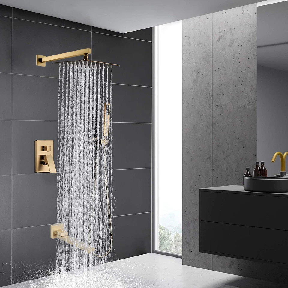 Gold Concealed Shower Mixer 3-Way Valve 12in Square Shower Head Shower Taps Set