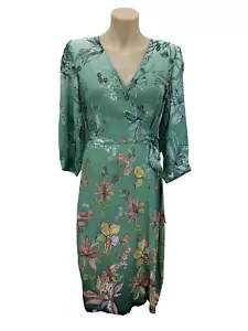 Kachel Midi Dress Women 10 Green Floral Waist Tie Crossover Top Silk Blend NEW - Picture 1 of 14