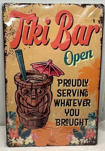 Tiki Bar Open 8" x 12" Aluminum Metal Distressed Beach Man Cave Sign - Picture 1 of 3