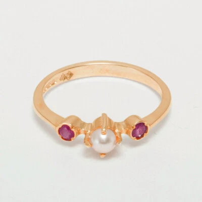 14k Rose Gold Cultured Pearl Ruby Womens Trilogy Ring - Sizes 4 to 12 - Image 1 of 4