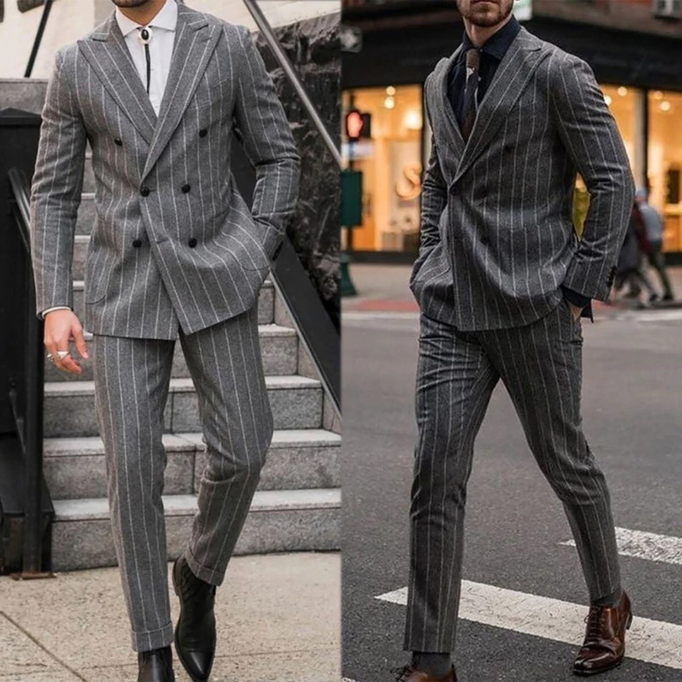 Trajes de hombre a rayas de doble pecho calce ajustado solapa pico mezcla de lana tweed ropa exterior Foto 1 de 4