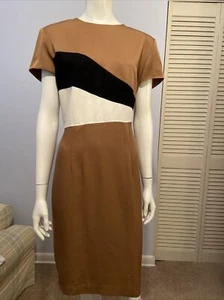 Vintage Julian Taylor Straight Dress Tan/Brown With White And Black Stripe Sz 12 - Picture 1 of 7