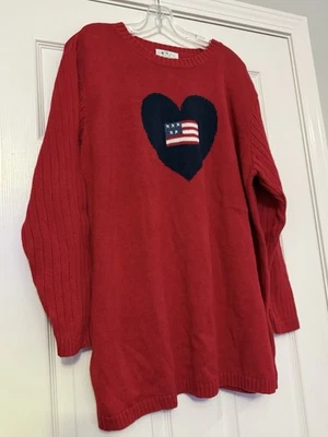 QUACKER FACTORY 1X Red Heart Flag Cotton Blend Crew Neck Sweater Ribbed Sleeves - Image 1 of 4
