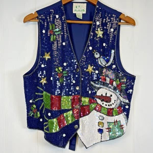 Quacker Factory Sequin Holiday Vest Size Medium Sparkle Snowman Winter Party - Picture 1 of 6