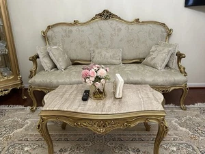 French Rococo Style Sofa Sky Blue Color and Gold Leaf Details - Picture 1 of 9