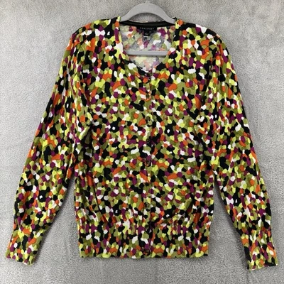 Suéter Foxcroft Mujer L Verde Acuarela Tejido Manga Larga Terciopelo Botón Frontal Foto 1 de 4