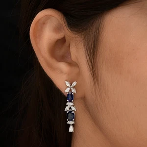 6.21 Tcw Lab Grown CVD Diamond Blue Sapphire Dangle Earrings 14k White Gold - Picture 1 of 9