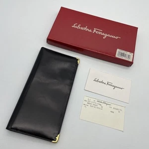 Salvatore Ferragamo Long Wallet Bifold Black Leather Unisex Box Made in Italy - Picture 1 of 8