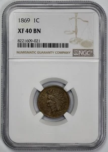 1869 Indian Head 1c Cent NGC XF 40 BN Brown - Picture 1 of 4