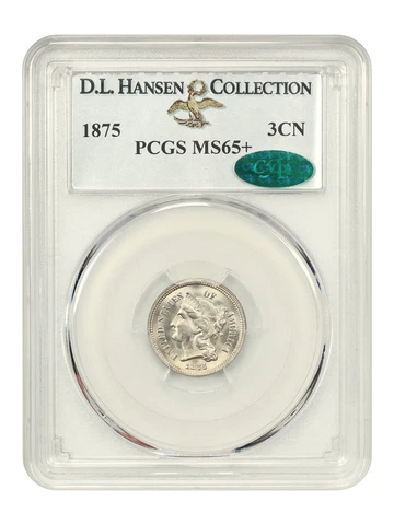 1875 3cN PCGS/CAC MS65+ ex: D.L. Hansen Cover