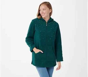 Quacker Factory Embellished Fleece Zip Front Jacket Evergreen,2X - Picture 1 of 1