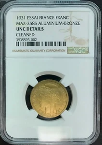 France III 20th Republic - 1 Franc Morlon Test Piefort 1931 - NGC UNC Details - Picture 1 of 2