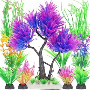 10pcs Artificial Aquarium Tree Plants Decorations Fish Tank Plastic Plant Set - Picture 1 of 3