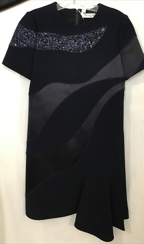 Abito Christian Dior manica a S lana navy crêpe blu paillettes satinato finiture nuovo con etichette taglia 34 2