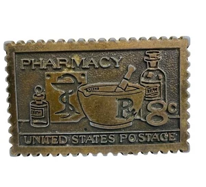 Brass Belt Buckle Vintage Pharmacy 8 Cent Postage Stamp Mortar Pestle Rx 3" - Picture 1 of 3