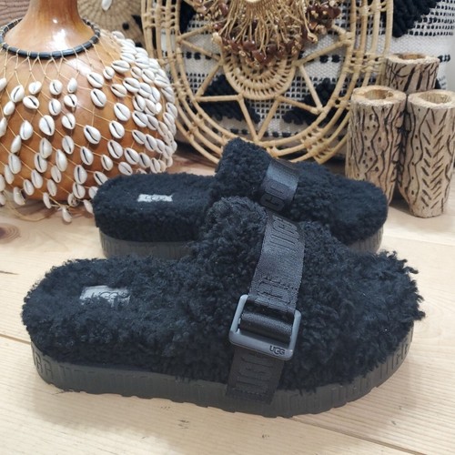 Sandali UGG Fluffita donna 8 39 slide platform pelle di pecora riccia neri comodi