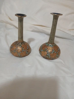 Royal Doulton Gold Blue Antique Pair Of Vase Made In England 7" High 4 In Wide - Image 1 of 4