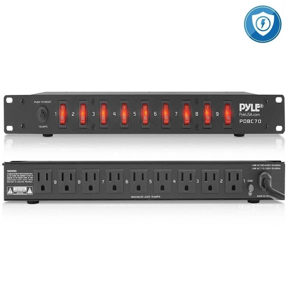 New PylePro 1U Rack Mount AC Power Supply Strip 15A 1800VA Cords And Wire PDBC70 - Image 1 of 4