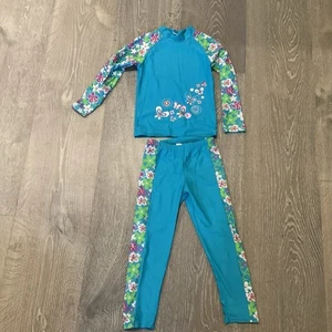 Kids Two Piece Full Body Blue With Flowers SPF Bathing Suit Size 8 - Picture 1 of 7