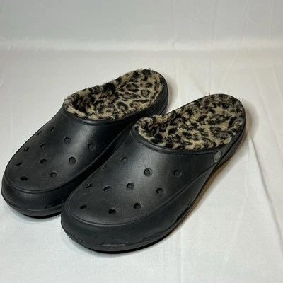 Crocs negros con forro de piel de leopardo sintético unisex para mujer talla 11 suave forrado difuso Foto 1 de 4