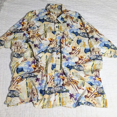Munsingwear Hawaiian Shirt Woody Cars Fishing Surfboards Mens 3XL Rayon Big Tall - Image 1 of 4