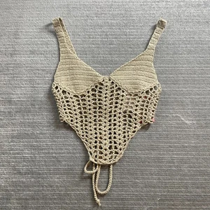 Top all'uncinetto edittato donna S cammello beige maglia aperta fazzoletto festival boho - Foto 1 di 7