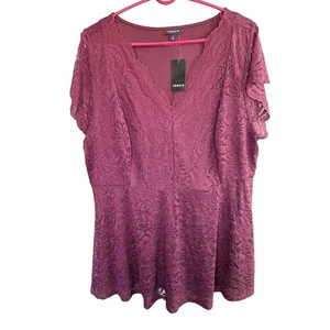 Torrid Burgundy Lace Peplum Top 3 Scalloped Edge Oversized Relaxed Comfortable - Picture 1 of 8