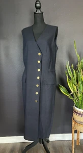 Vtg 90s Women's Sz 14 Vest Dress Linen Rayon Sleeveless Gold Tone Button Preppy - Picture 1 of 10