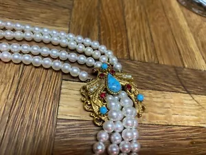 Vintage Florenza Front Clasp Fancy Pearls Turquoise & Crystals Necklace - Picture 1 of 8