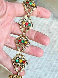 Vintage Victorian Revival colorful rhinestone faux pearl link bracelet 60s MINTY - Picture 1 of 5