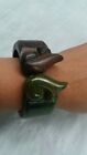 Beautiful vintage carve green bakelite wood hinge cuff  bracelet 