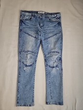 Iro Ochi Jeans Mens 40x31.5 Straight Stretch Blue Light Embroidered Distressed 