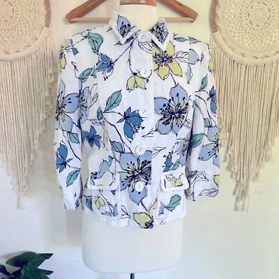 Emma James floral blue and white blazer jacket linen blend size 12 - Image 1 of 4