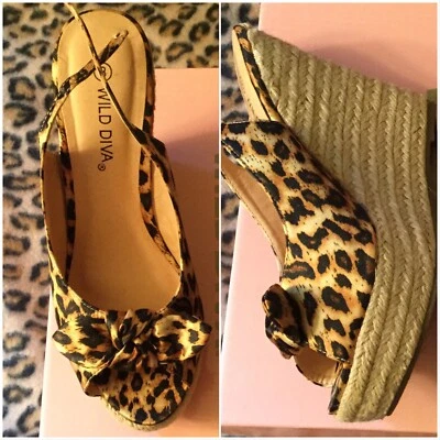 LEOPARD satin wedges WILD DIVA peep toe - size 8 - wedge heel - rockabilly - Image 1 of 4