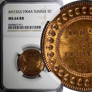 Tunisia Muhammad IV Bronze AH1322//1904 A 5 Centimes NGC MS64 RB KM# 228 (011) - Picture 1 of 4