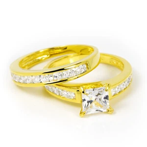 2.0 CT Womens 14kt Gold Plated Silver Wedding Ring Set Princess Cut Size 5-9 - Picture 1 of 7