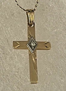 14k Yellow Gold Cross Diamond Charm Pendant w 15" 14k Gold Chain 1 Gram🌺🌺 - Picture 1 of 16
