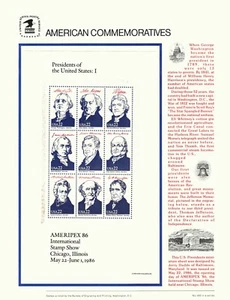 # 263 22c Presidents of the US I # 2216 1986 USPS COMMEMORATIVE STAMP PANEL - Picture 1 of 2