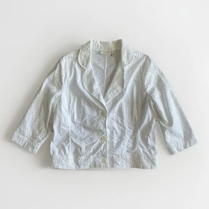 Chico’s Jacket Size 3 White Eyelet Denim Cotton Embroidery 3/4 Sleeve Coastal - Picture 1 of 20