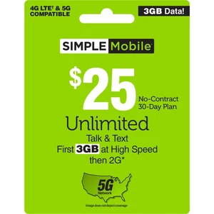 SIMPLE Mobile $25 3 GB Data, Unlimited Talk & Text [Physical Delivery] - Picture 1 of 6