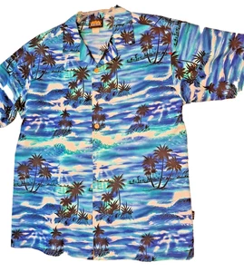 ODO Shirt Mens Palm Trees Blue Aloha Hawaiian Short Sleeve Large - Picture 1 of 6