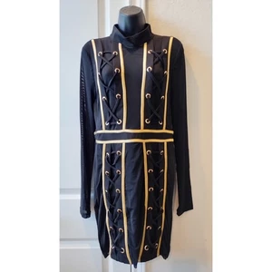 Long Sleeve Lace Up Detail Black Dress size Large NWT - Picture 1 of 16