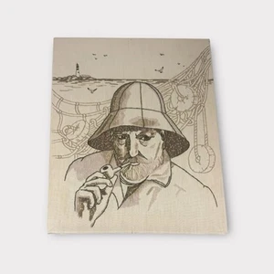VTG Crewel Embroidery Finished Picture Unframed Fisherman Nautical Man At Sea - Picture 1 of 13