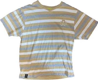 Camiseta para hombre Akademiks talla L beige/blanco/gris a rayas logotipo "A" ¡BUENO! 🍀 Foto 1 de 4