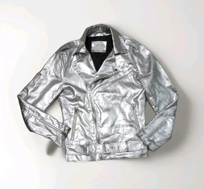 ZARA MAN Faux Leather Biker Jacket Mens  Motorcycle Moto Metallic Silver Size S - Image 1 of 4