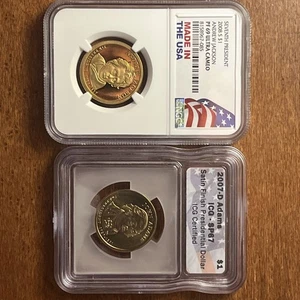Two Coin Lot, Presidential $1 NGC Pf69 2008s Jackson And 2007 D ICG SP67 Adam’s - Picture 1 of 5
